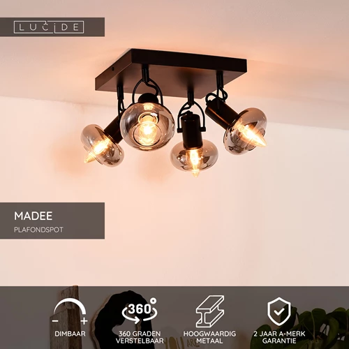 Lucide MADEE - Plafondspot - 4xE14 - Zwart - USP